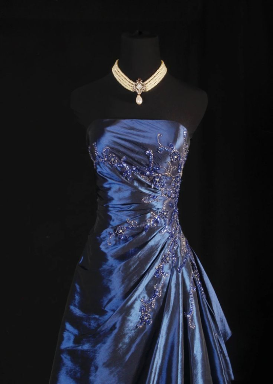 Marineblaues trägerloses A-Linien-Satin-Partykleid mit Perlenbesatz im Vintage-Stil, langes Abendkleid, D790