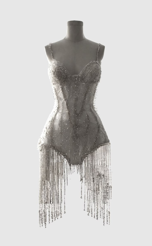 Superbe robe courte à bretelles spaghetti et pompons perlés, tenue de soirée d'anniversaire, D794