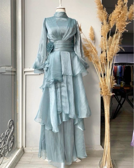Blaues, hochgeschlossenes, langärmliges A-Linien-Chiffon-Kleid mit schlichtem, langem, formellem Partykleid, D795