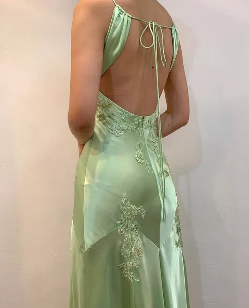 Green V Neck Straps Appliques Long Evening Party Dress MD7426