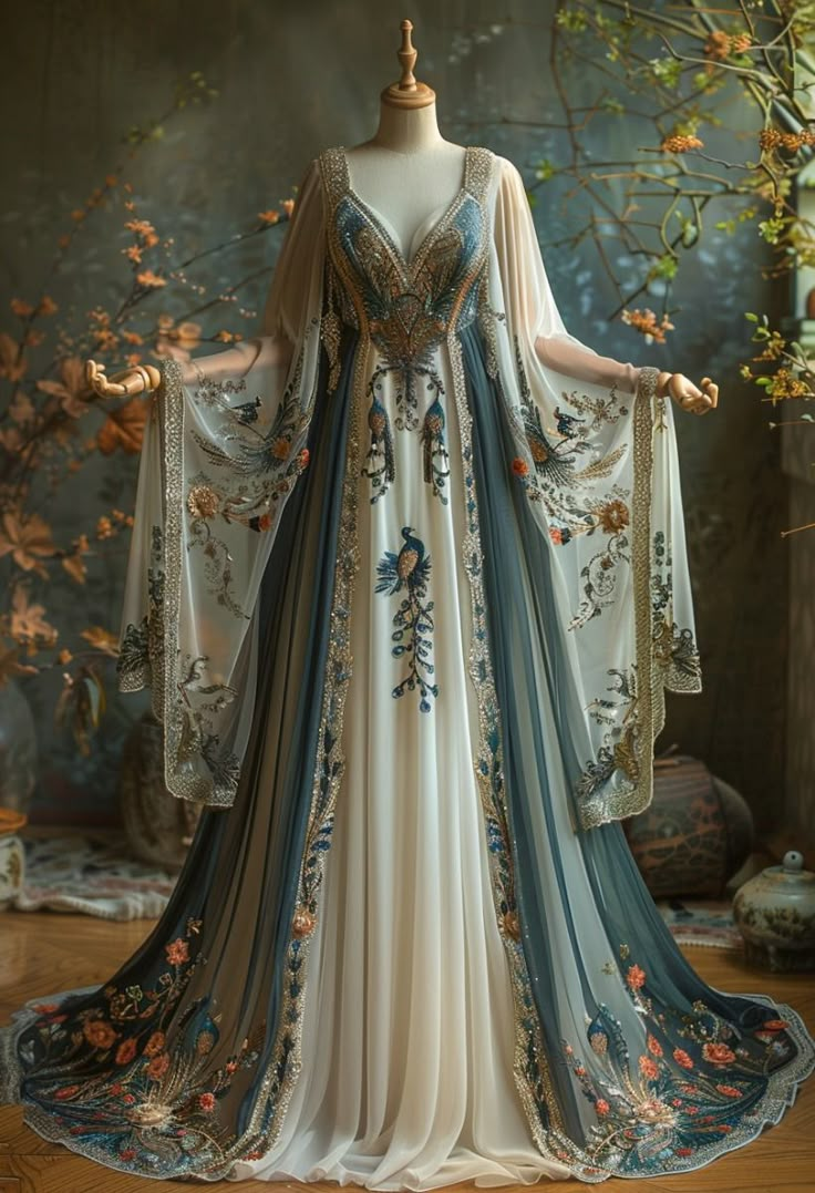 Superbe robe de soirée longue style rétro à col en V et manches longues, coupe trapèze, ornée de perles, D815