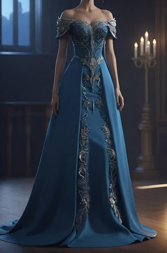 Dunkelblaues schulterfreies A-Linien-Kleid mit Applikationen, langes Abendkleid, D816