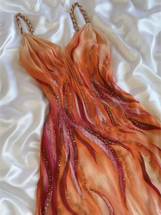 Stunning Spaghetti Straps Sheath Chiffon Beading Vintage Long Party Dresses, D885