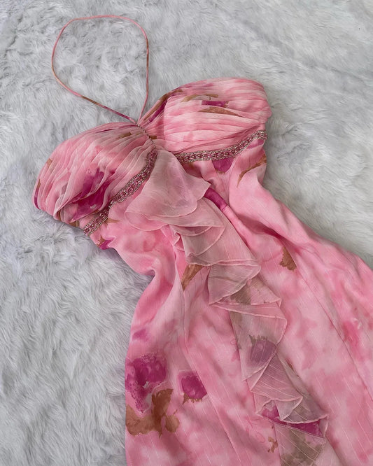 Rosa Neckholder Bedrucktes Meerjungfrau Chiffon Rüschen Langes Partykleid Abendkleid, D887