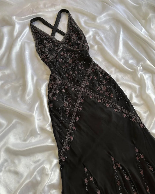 Schwarzes V-Ausschnitt Etuikleid mit Perlenbesatz Vintage Langes Partykleid Abendkleid, D888