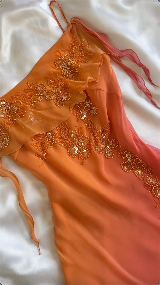 Orange Ombre Träger Etuikleid Perlenbesatz Vintage Midi Partykleid Abendkleider, D891