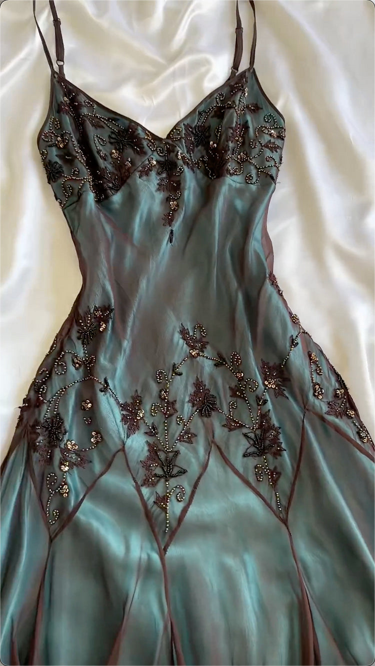 Spaghetti Straps Blue Chiffon Beading Vintage Midi Party Dress Evening Dresses, D893