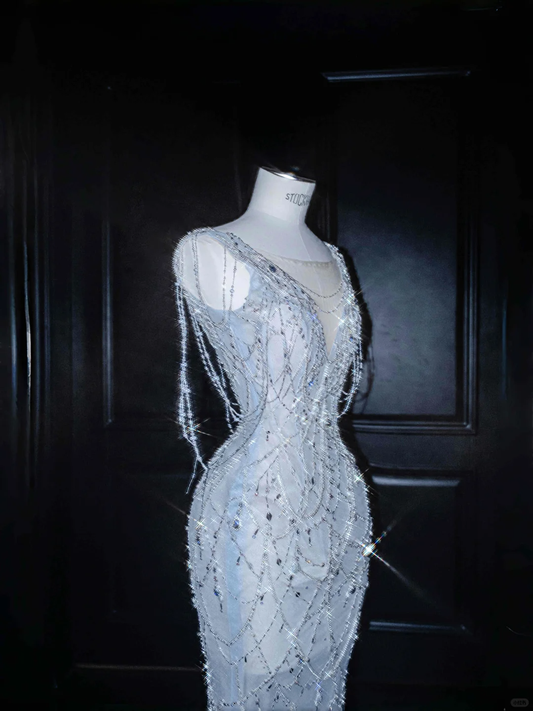 Hellblaues ärmelloses Meerjungfrau-Kleid mit Perlenbesatz, langes Abendkleid, Geburtstagsoutfits, D805