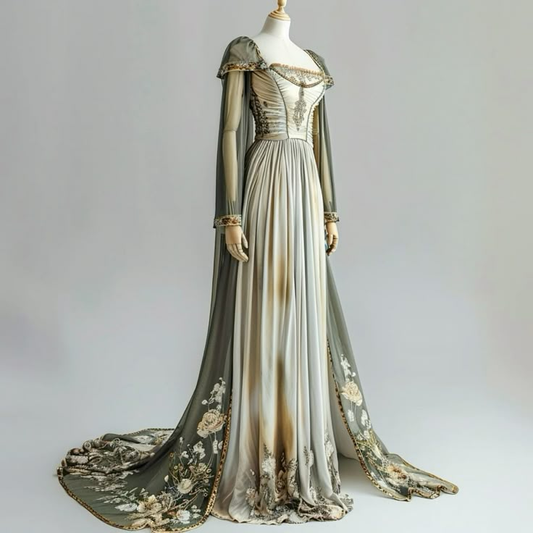 Robe de soirée longue style trapèze à manches longues et appliques florales, style rétro, D987