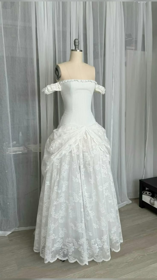 Robe de soirée longue blanche en dentelle, épaules dénudées, coupe trapèze, robe de mariée vintage D989