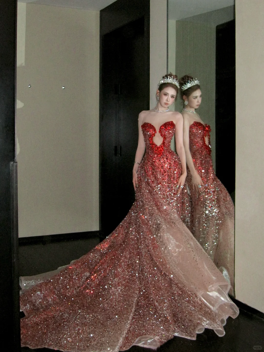 Vintage Gradient Red Sweetheart Strapless Mermaid Design Sexy Prom Dress Evening Dress D1719