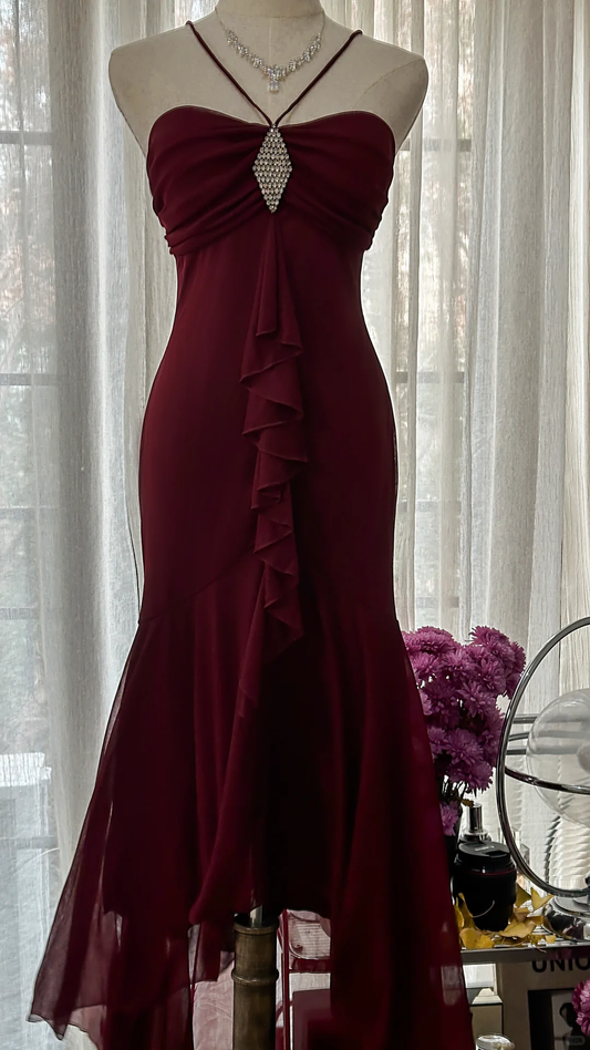 Elegant Burgundy Strapless Gorgeous Beaded Chiffon Evening Dress Prom Dress D1471