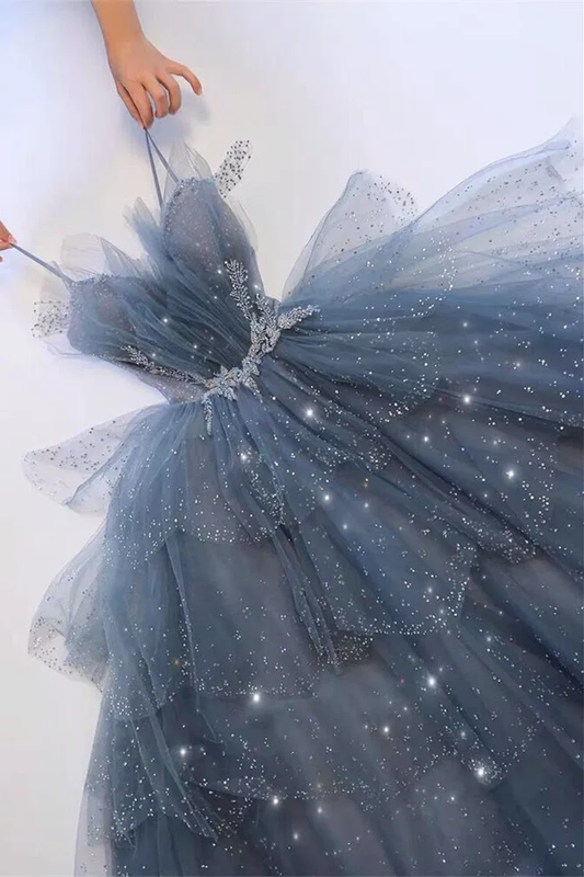 Robe longue de soirée grise à perles, coupe princesse trapèze, PD3289