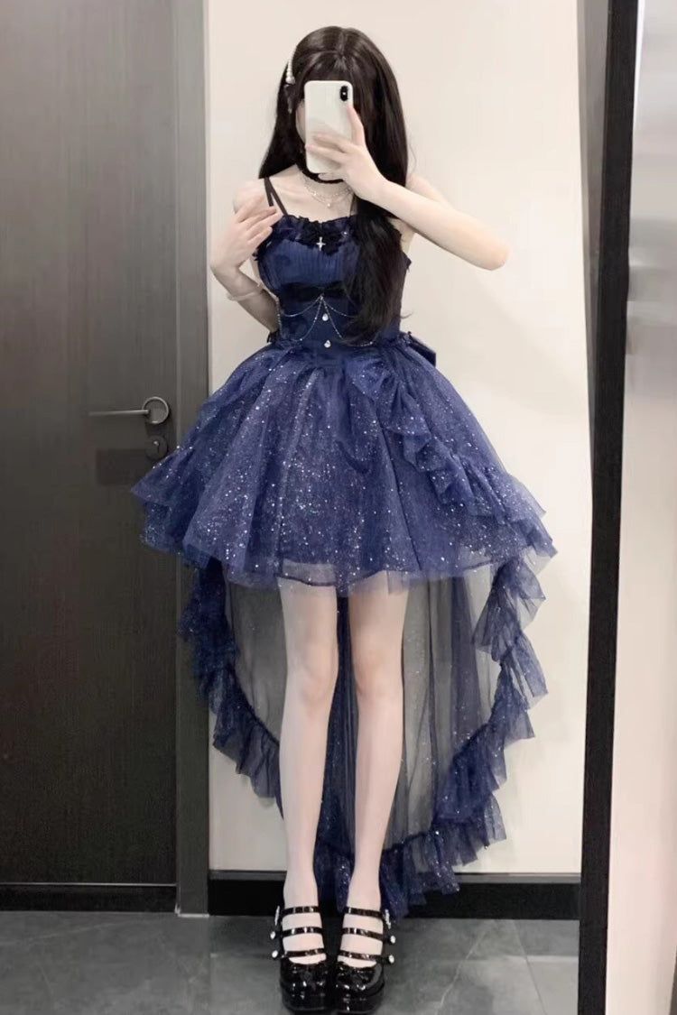 Unique Homecoming Dress Spaghetti Strap Sequins Bowknot Hi-Lo Back to School Outfits Party Dress D7759