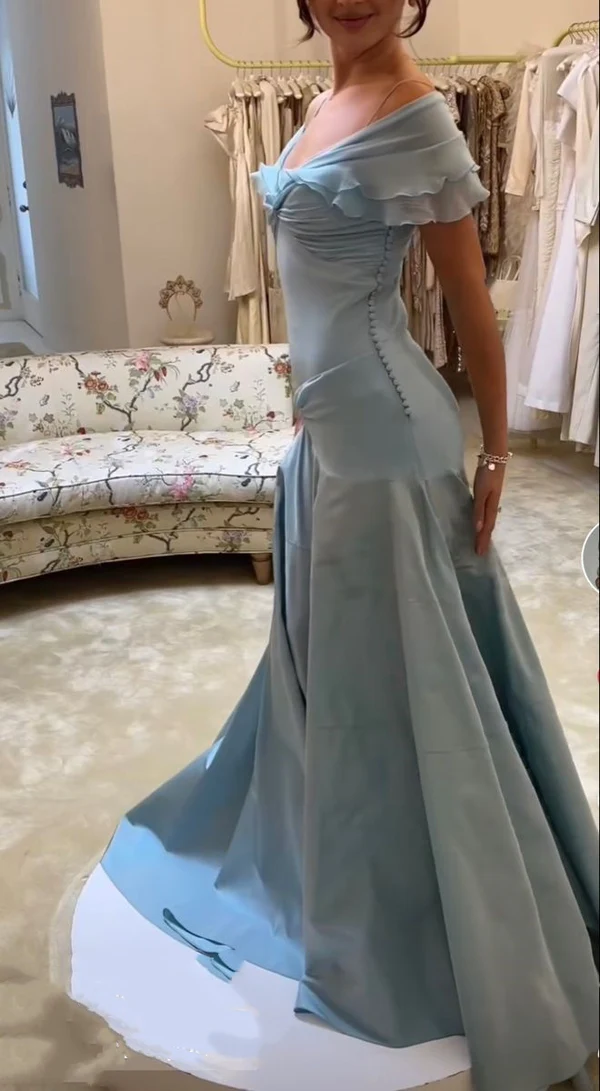 Robe de soirée vintage bleu clair à col en V et coupe trapèze MD7640