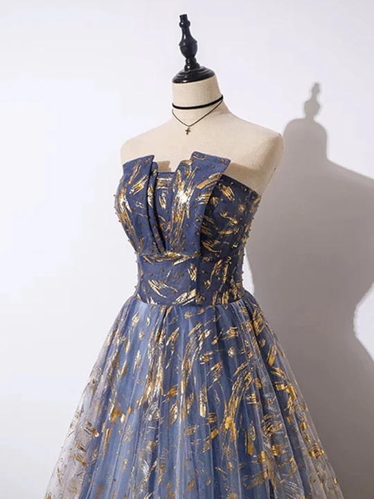 Retro Blue Sequin Strapless Design A-line Tulle Party Dress Homecoming Dress D1556