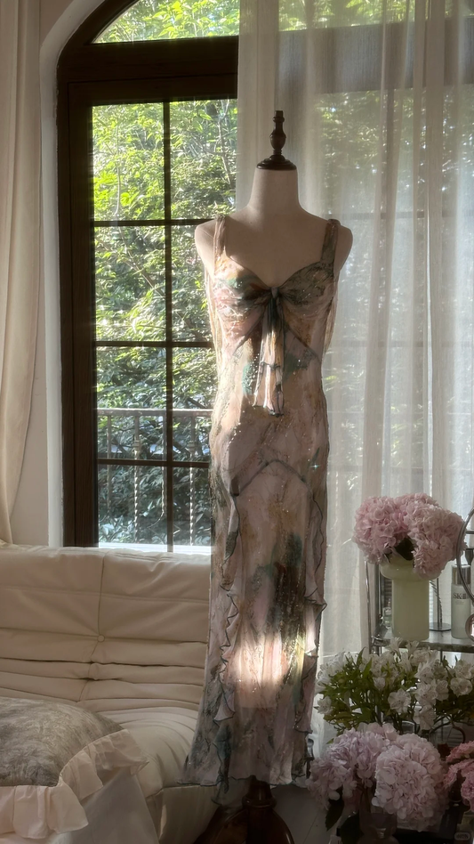 Robe de soirée romantique en mousseline de soie, dos nu, bretelles spaghetti, style vintage, robe de bal D1486