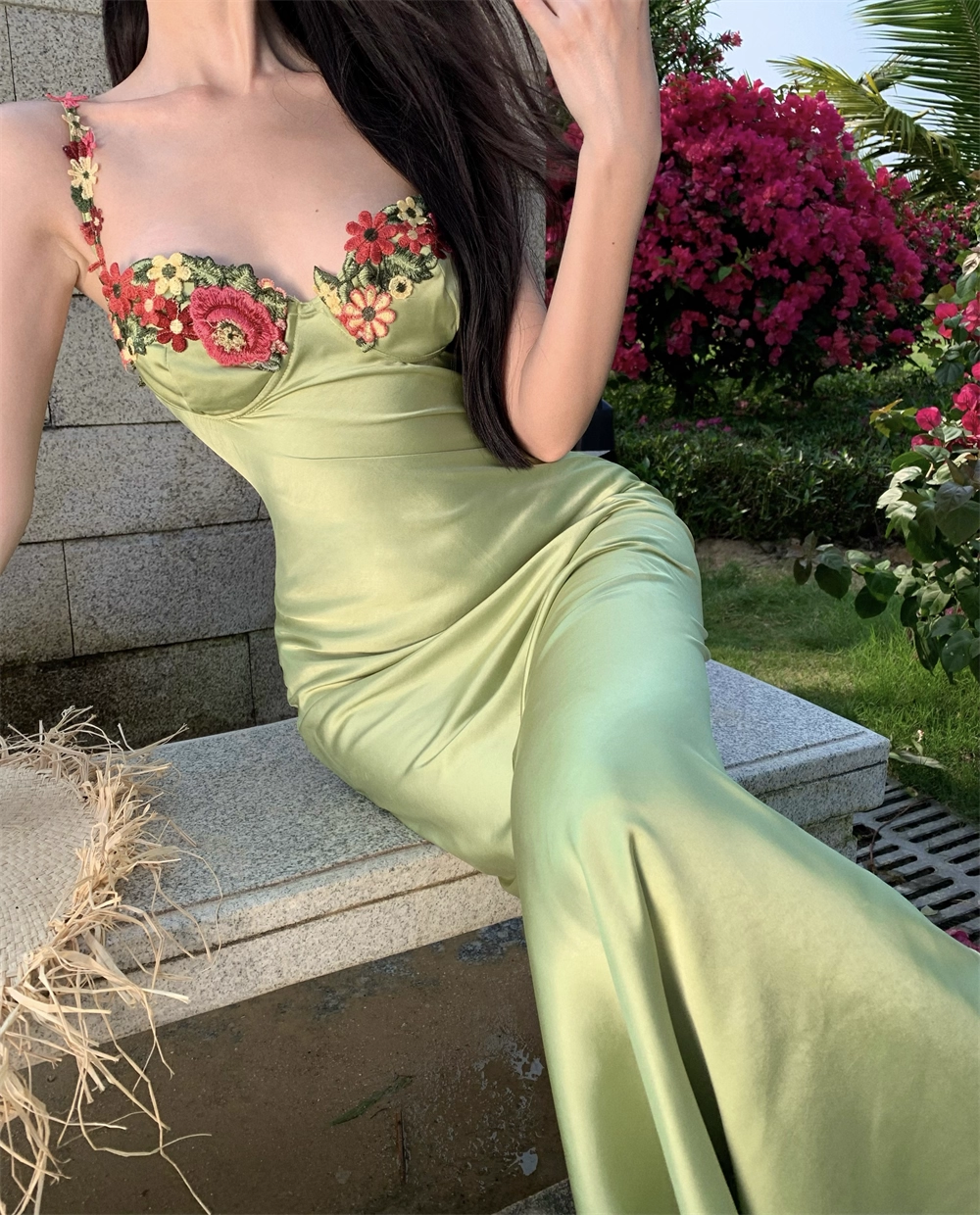 Vintage Green Floral Mermaid Spaghetti Strap Design Satin Prom Dress Evening Dress D1701