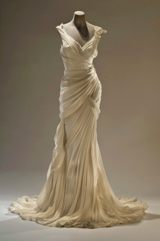 Elegantes, elfenbeinfarbenes, V-Ausschnitt, Meerjungfrau-Stil, Chiffon, Retro, lang, Partykleid, Abendkleid, D868