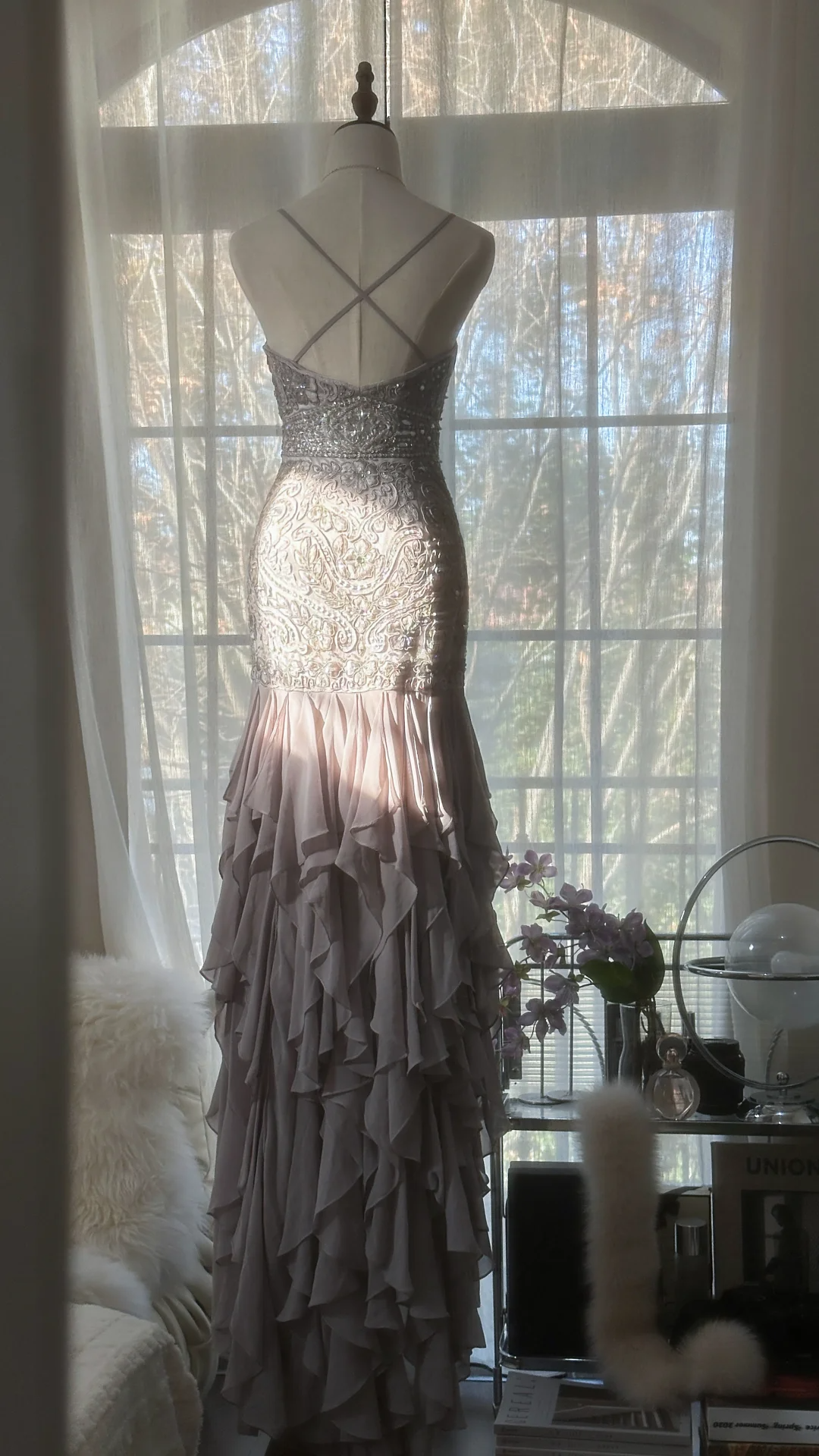 Light Lilac Straps Mermaid Beading Ruffles Long Evening Dress Birthday Outfits, D872