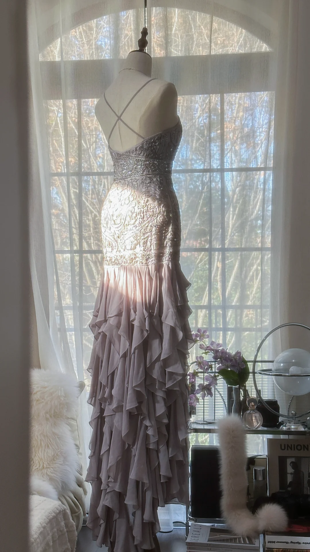 Light Lilac Straps Mermaid Beading Ruffles Long Evening Dress Birthday Outfits, D872