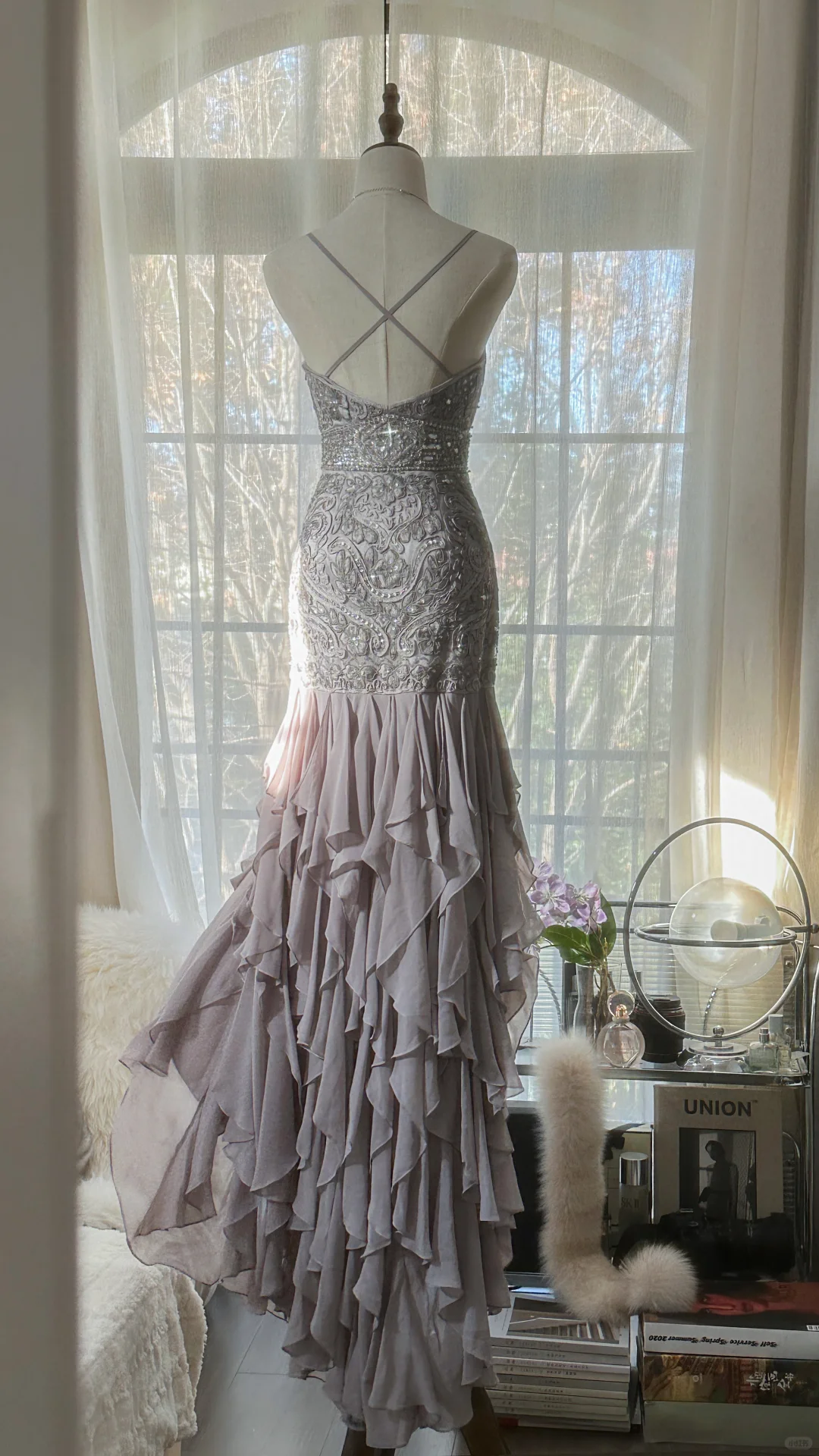Light Lilac Straps Mermaid Beading Ruffles Long Evening Dress Birthday Outfits, D872
