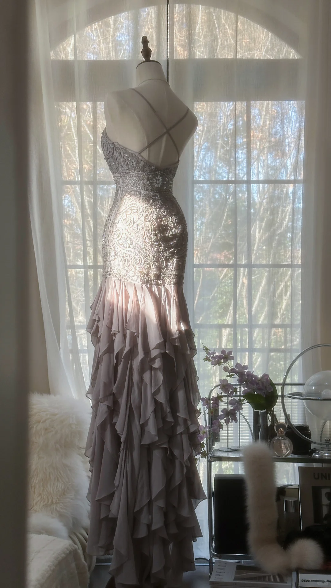 Light Lilac Straps Mermaid Beading Ruffles Long Evening Dress Birthday Outfits, D872