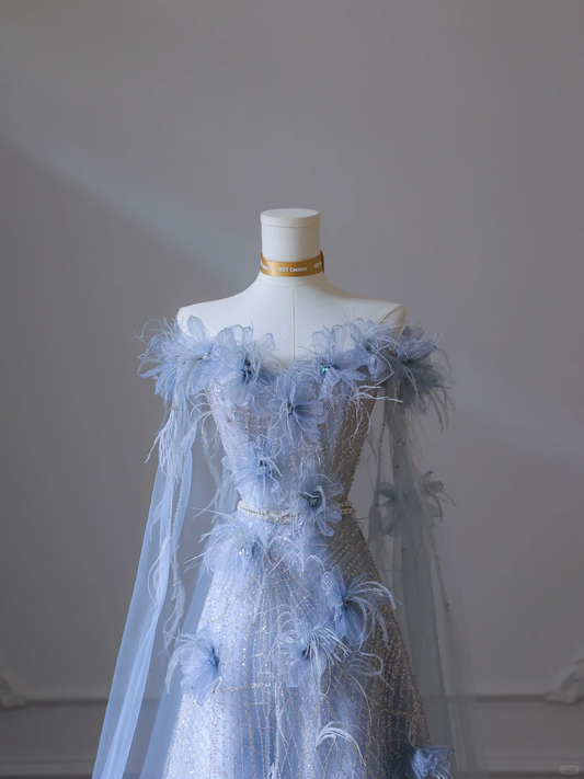 Elegantes, schulterfreies, blaues, langes, formelles Ballkleid mit Blumenmuster, Geburtstagsoutfits, D908