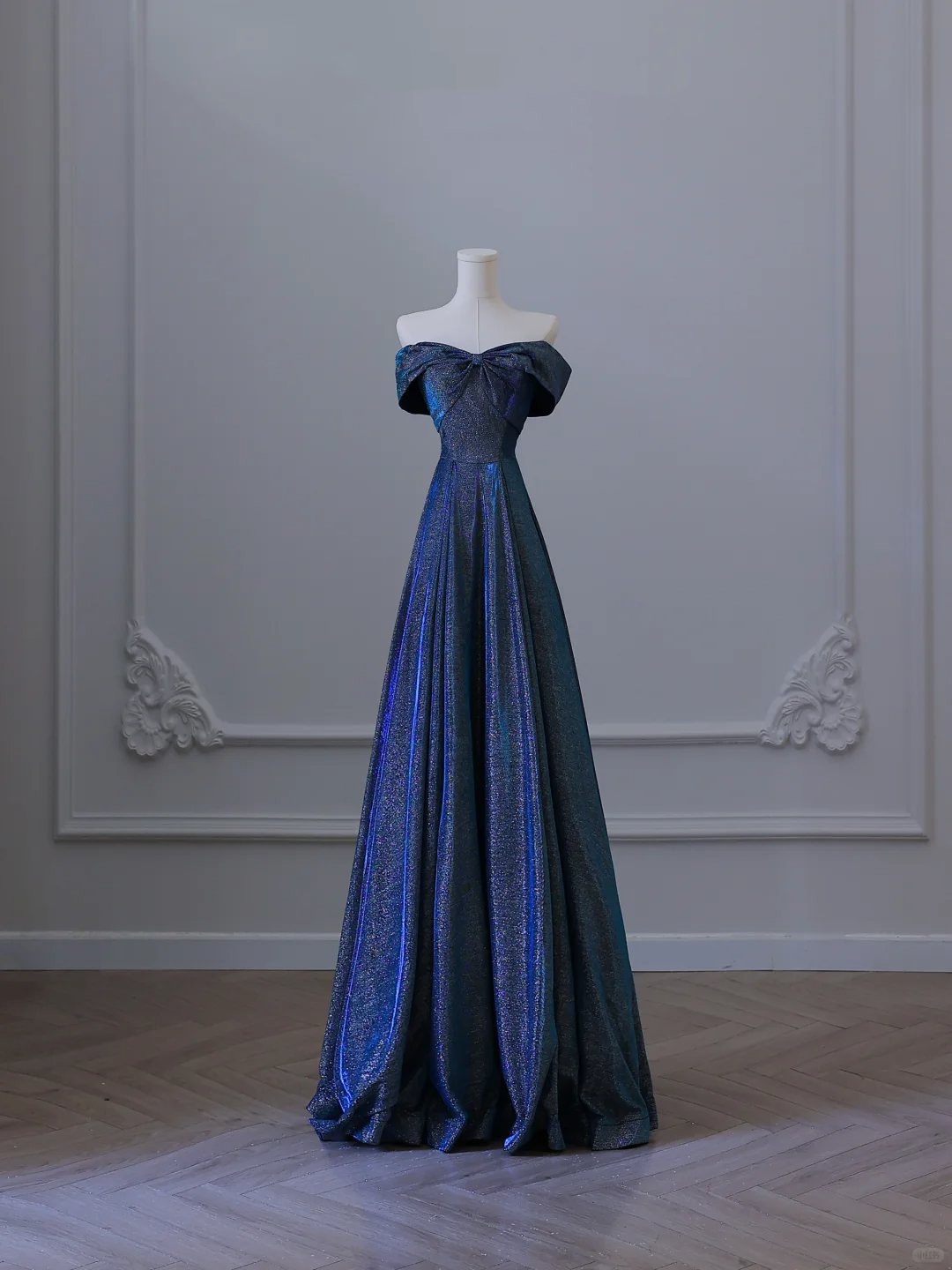 Elegant Navy Blue Off Shoulder A-Line Long Formal Prom Dress Birthday Outfits, D909