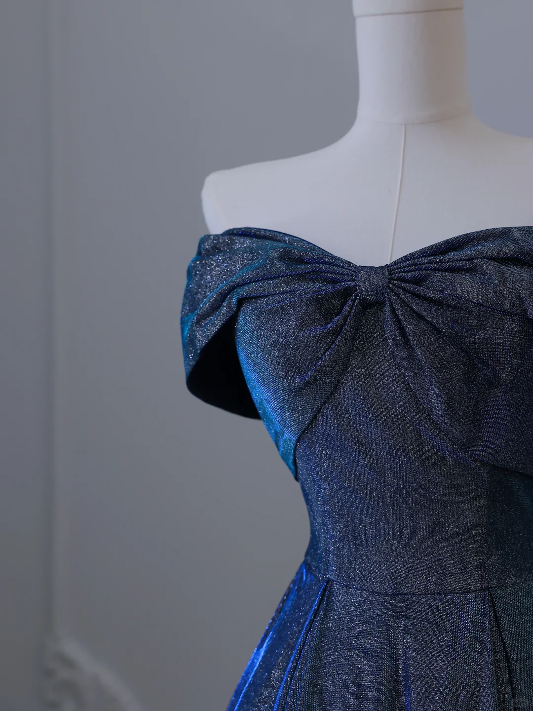 Elegant Navy Blue Off Shoulder A-Line Long Formal Prom Dress Birthday Outfits, D909