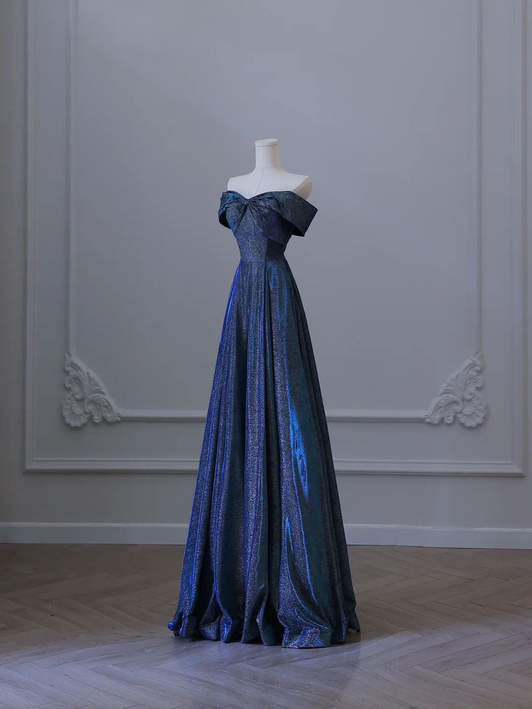 Elegant Navy Blue Off Shoulder A-Line Long Formal Prom Dress Birthday Outfits, D909