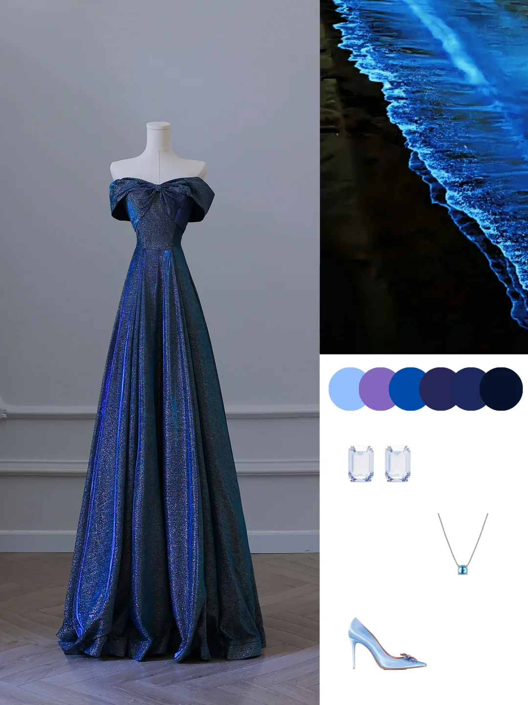 Elegant Navy Blue Off Shoulder A-Line Long Formal Prom Dress Birthday Outfits, D909