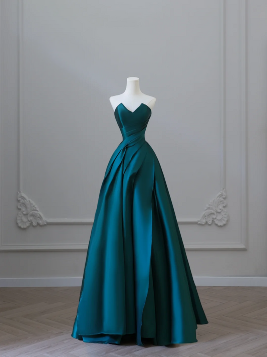 Elegantes grünes trägerloses A-Linie Satin langes formelles Abendkleid, D910