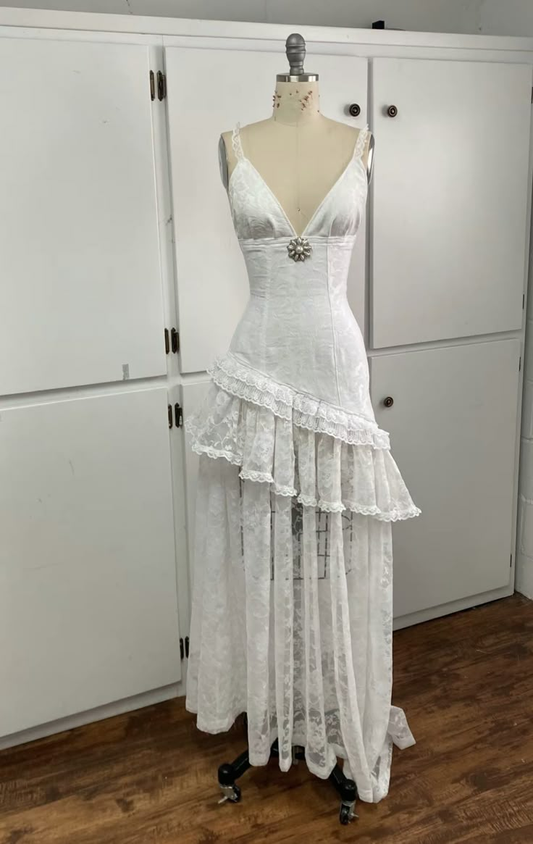 Weiße V-Ausschnitt Träger A-Linie Spitze Lange Partykleider Vintage Brautkleider, D1207