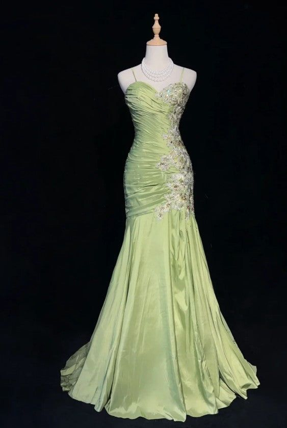Green Spaghetti Straps Mermaid Vintage Long Evening Party Dresses, D1210