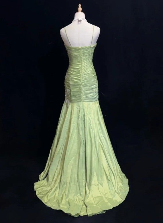 Green Spaghetti Straps Mermaid Vintage Long Evening Party Dresses, D1210