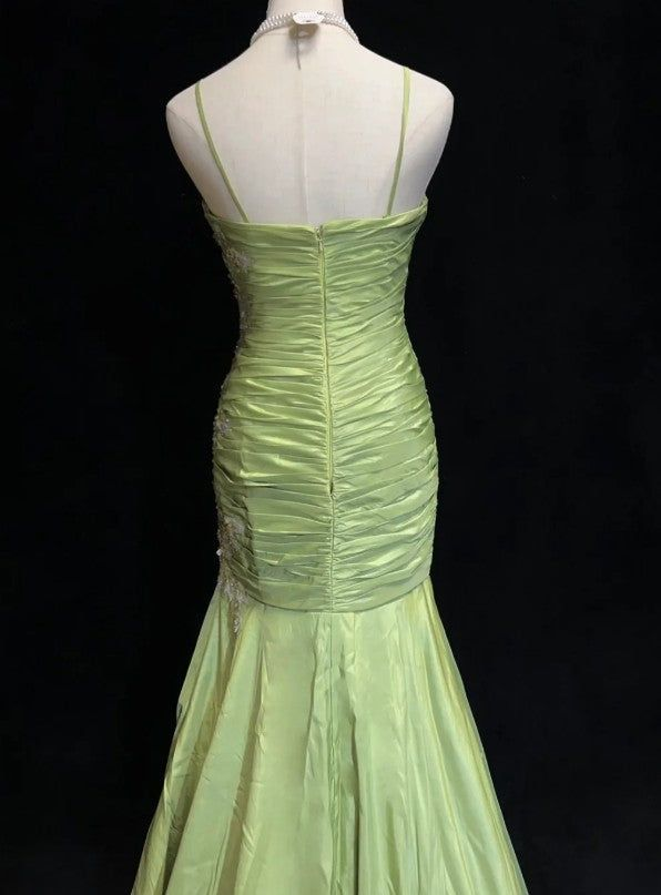 Green Spaghetti Straps Mermaid Vintage Long Evening Party Dresses, D1210