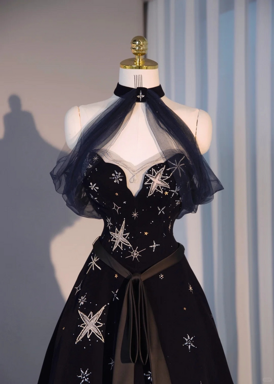 Robe de soirée longue noire à épaules dénudées et col licou, coupe trapèze, D1211