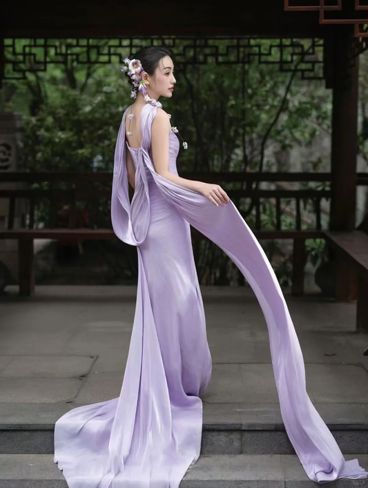 Elegantes Hellviolettes Trägerloses Etuikleid Chiffon Langes Abendkleid Ballkleider D1659