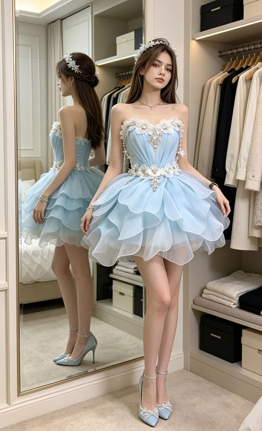 Unique Homecoming Dress Sweetheart Flower Casacde Pleated Back to School Outfits Party Dress D7725