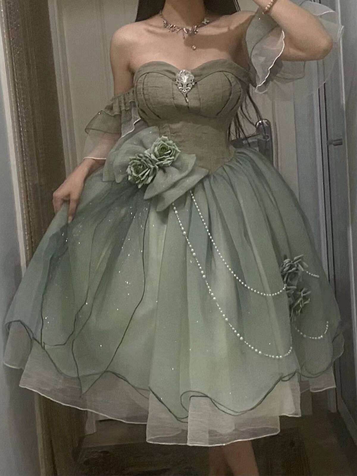 Green Off Shoulder A-Line Floral Short Party Dress Cute Mini Birthday Dress, D792