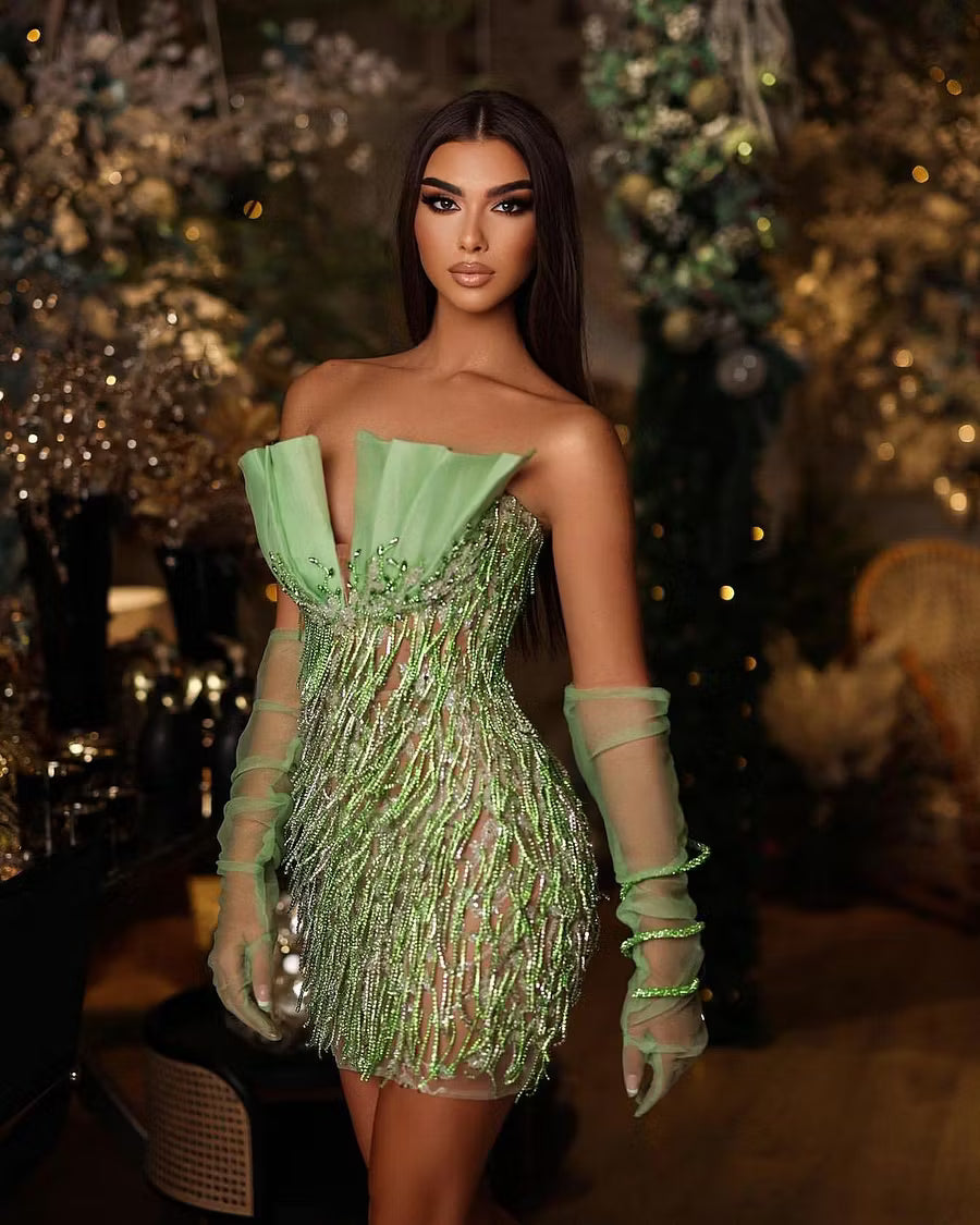 Chic Homecoming Dress V Neck Pleated Beading Back to School Outfits Party Dress D7409
