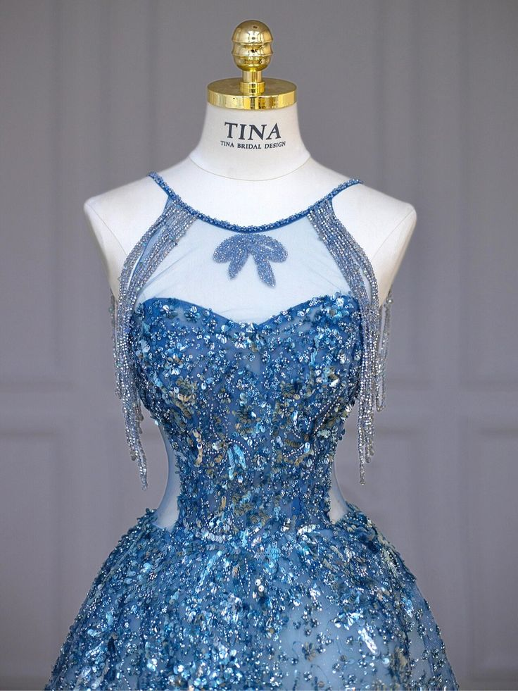 Blaues Neckholder-A-Linien-Tüll-Pailletten-Lang-Partykleid-Geburtstags-Outfits MD7483