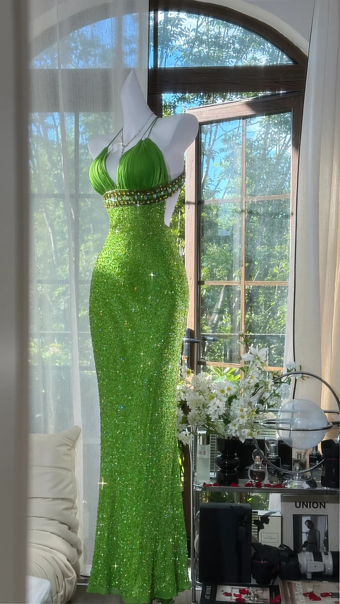 Shiny Green Sequined V-neck Spaghetti Strap Design Chiffon Prom Dress Evening Dress D1707