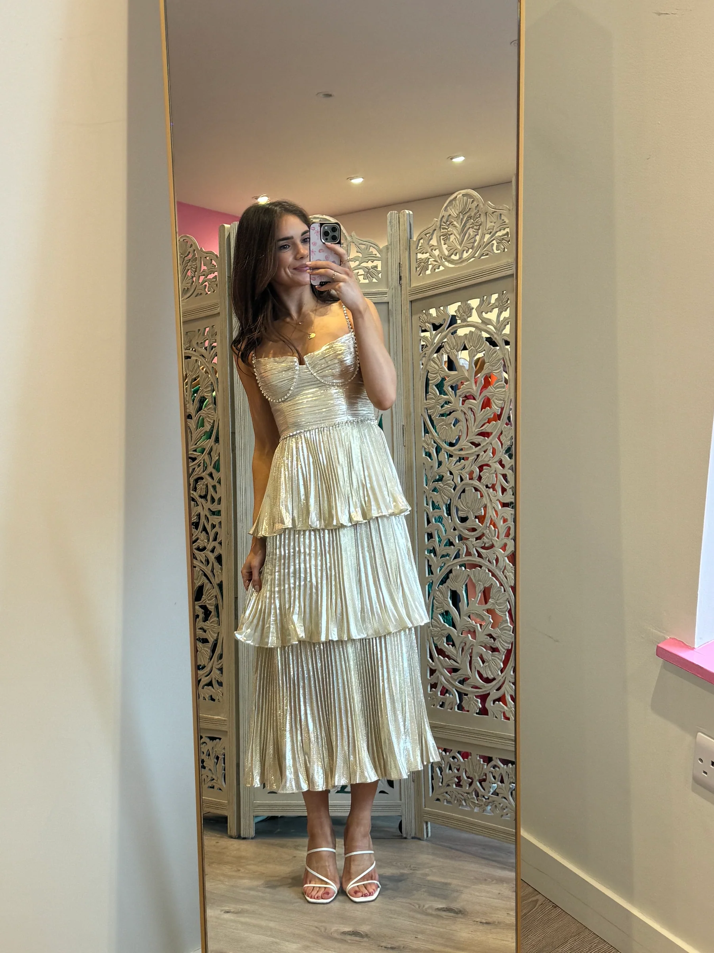 Robe de soirée longue argentée à bretelles spaghetti, coupe trapèze et volants, MD7473