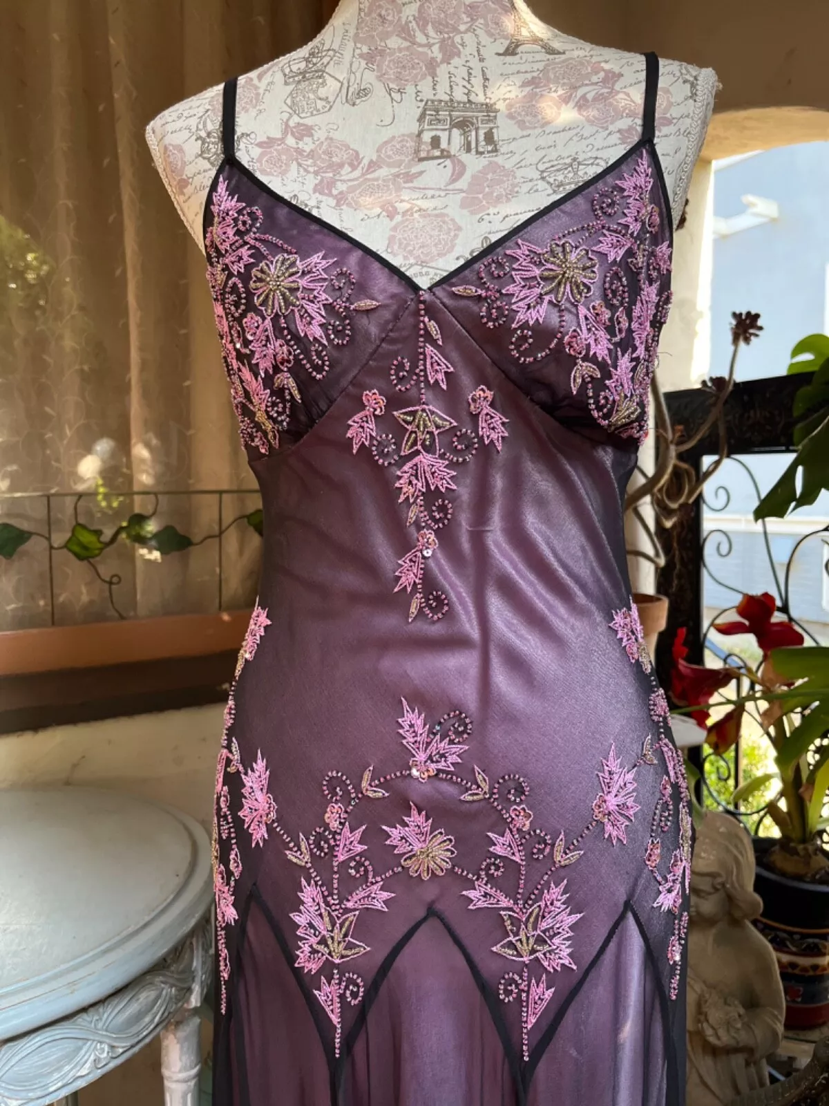 Dark Purple Spaghetti Straps Beading Vintage Party Dress Evening Gown MD7816