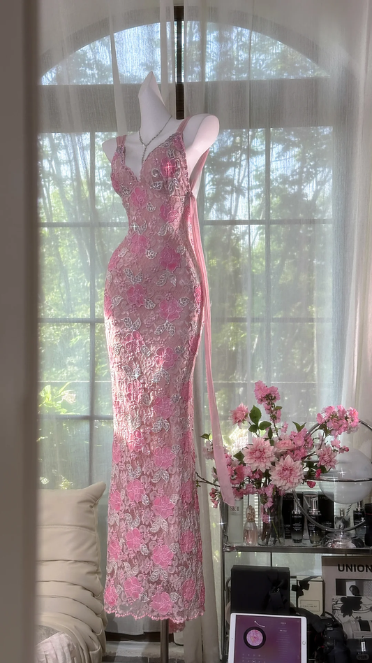 Vintage Gorgeous Pink Floral V-neck Applique Elegant Chiffon Long Evening Dress Prom Dresses D1607