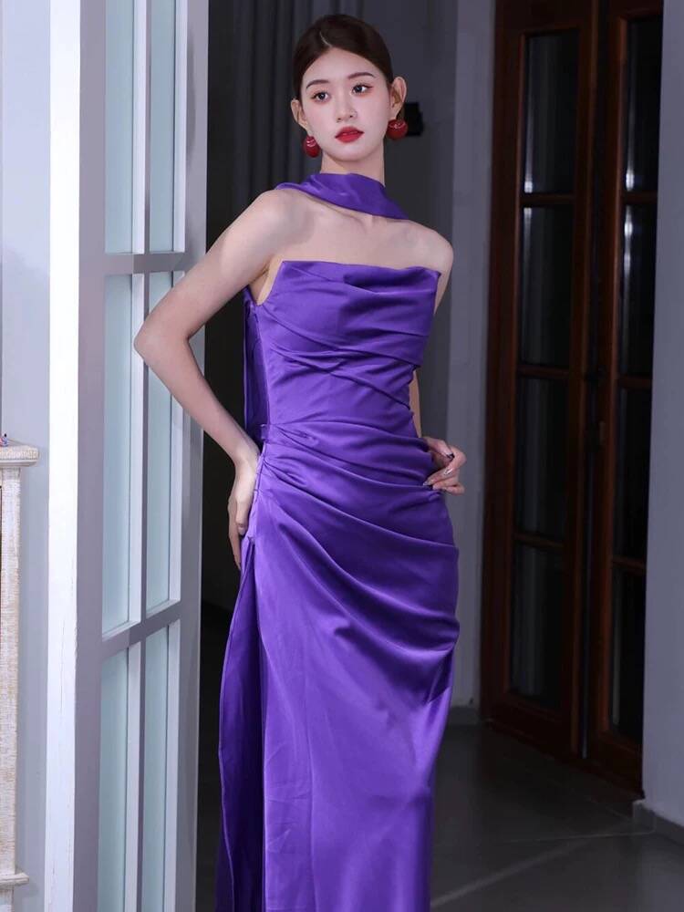 Charmante robe de soirée longue en satin violet sans bretelles, style sirène, D968