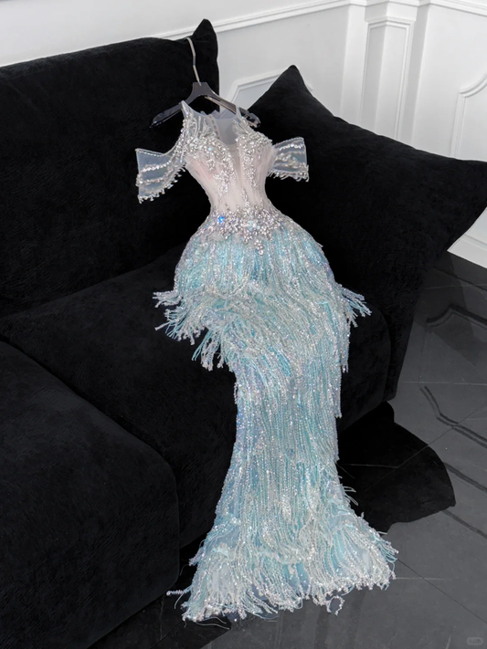 Shiny Light Blue Beaded Sequined Design Mermaid Prom Dress Evening Dress D1689