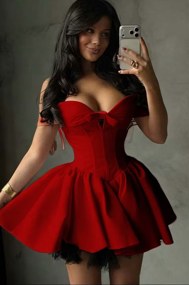 Charming Homecoming Dress Off the Shoulder Pleated Tulle Bowknot Back to School Outfits Party Dress D7325